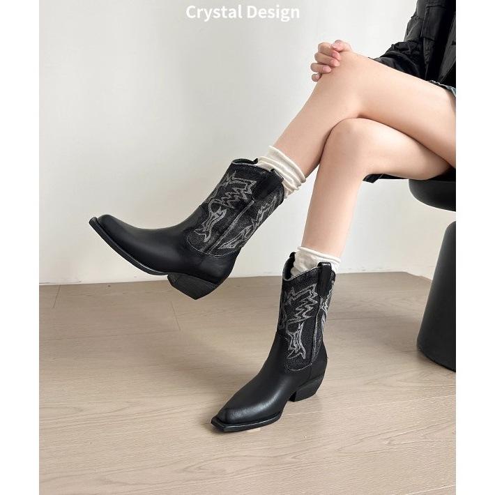 Genuine Leather~ Jiaoyu Piled Boots Women's 2025 Summer New Western Cowboy Boots Retro Knight Pointed Embroidered Short Boots