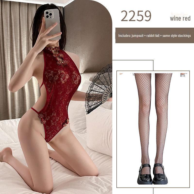 Milian Retro Lace Cheongsam: Tempting Open-Crotch Lingerie One-Piece.