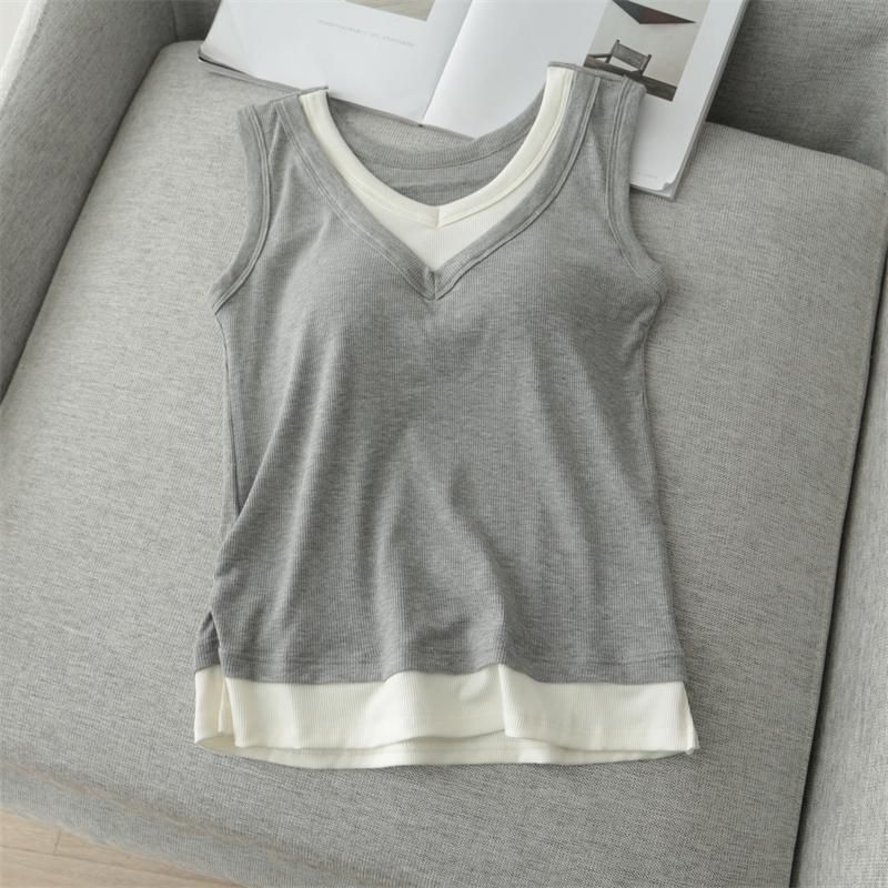 

Лето 150.00 кг Женский большой размер плюс размер Ложный двухкомпонентный контрастный цвет Несъемная интегрированная нагрудная подушечка Верхняя одежда Нижнее белье Слип на бретельках-спагетти Gray White XL