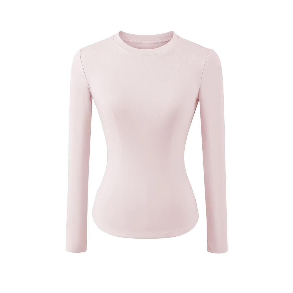 Women's Spicy Girl Round Neck Long Sleeve Yoga Tee - Slim Fit, Solid Color, Elastic Base Layer