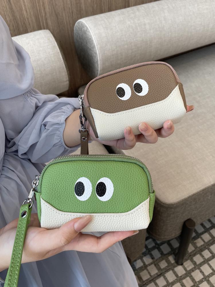 2025 Women's Cute Cartoon Leather Coin Purse: Cowhide Wristlet with Triple Zipper Key Storage