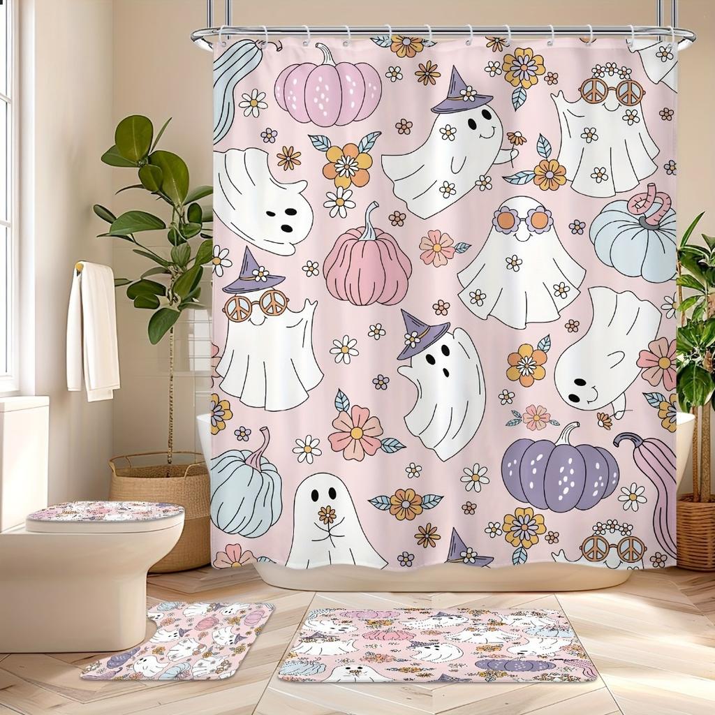 1/4Pcs Halloween Decoration Pink Cute Ghost Pattern Shower Curtain Bathroom Decor Halloween Decoration Indoor Showr Curtain