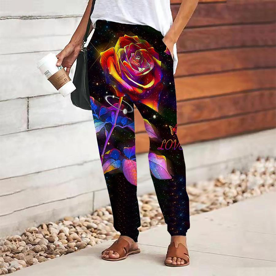 Women Flower Printing Pants Lace Up Elastic Waist Loose  Trousers Casual Long Pants Trousers with Pockets