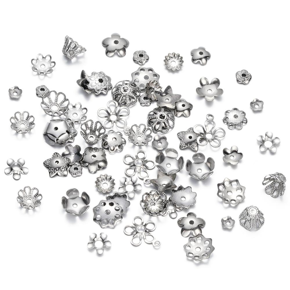 50pcs/Lot 15 Style Stainless Steel Leaf Flowers Bead End Caps for Jewelry Making Needlework Spacer Bead Caps DIY Accessories