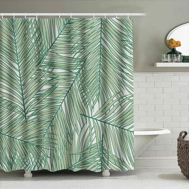Green Palm Leaf Print Shower Curtain Waterproof Home Decor Bathroom Decorative Bath Curtains Green 250X180Cm (White Background)