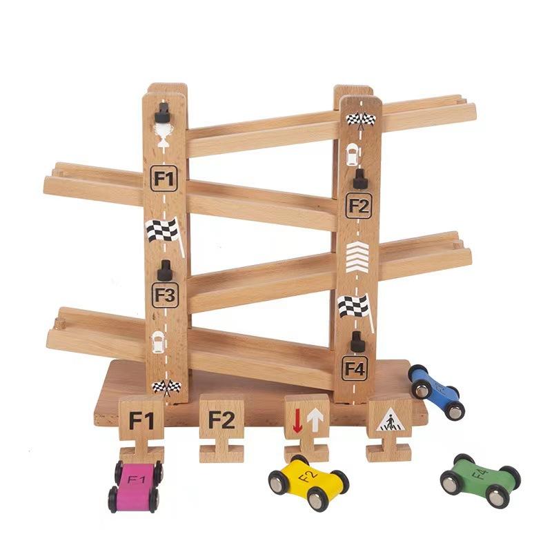 Boys and Girls Racing Colorful Gliding Multilayer Rail Car Parking Lot Inertia Sliding Car Puzzle Wooden Toy