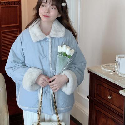 Winter Thick Short Loose Parkas Women Fashion Sweet Plush Collar Warm Double-sided Wearable Cotton Padded Coat Harajuku Jackets