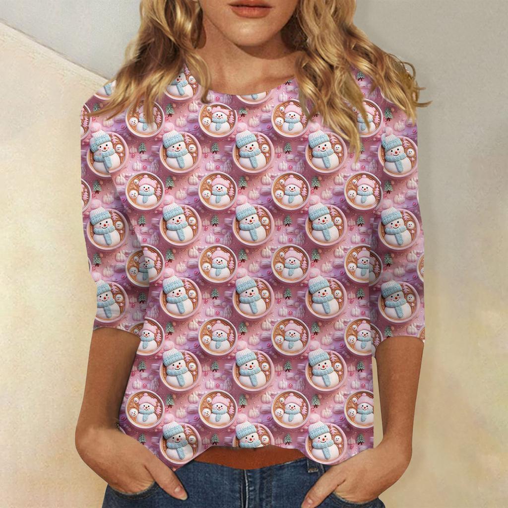 Women's Fashionable Casual Three-Quarter Sleeve Christmas Print Round Neck Top