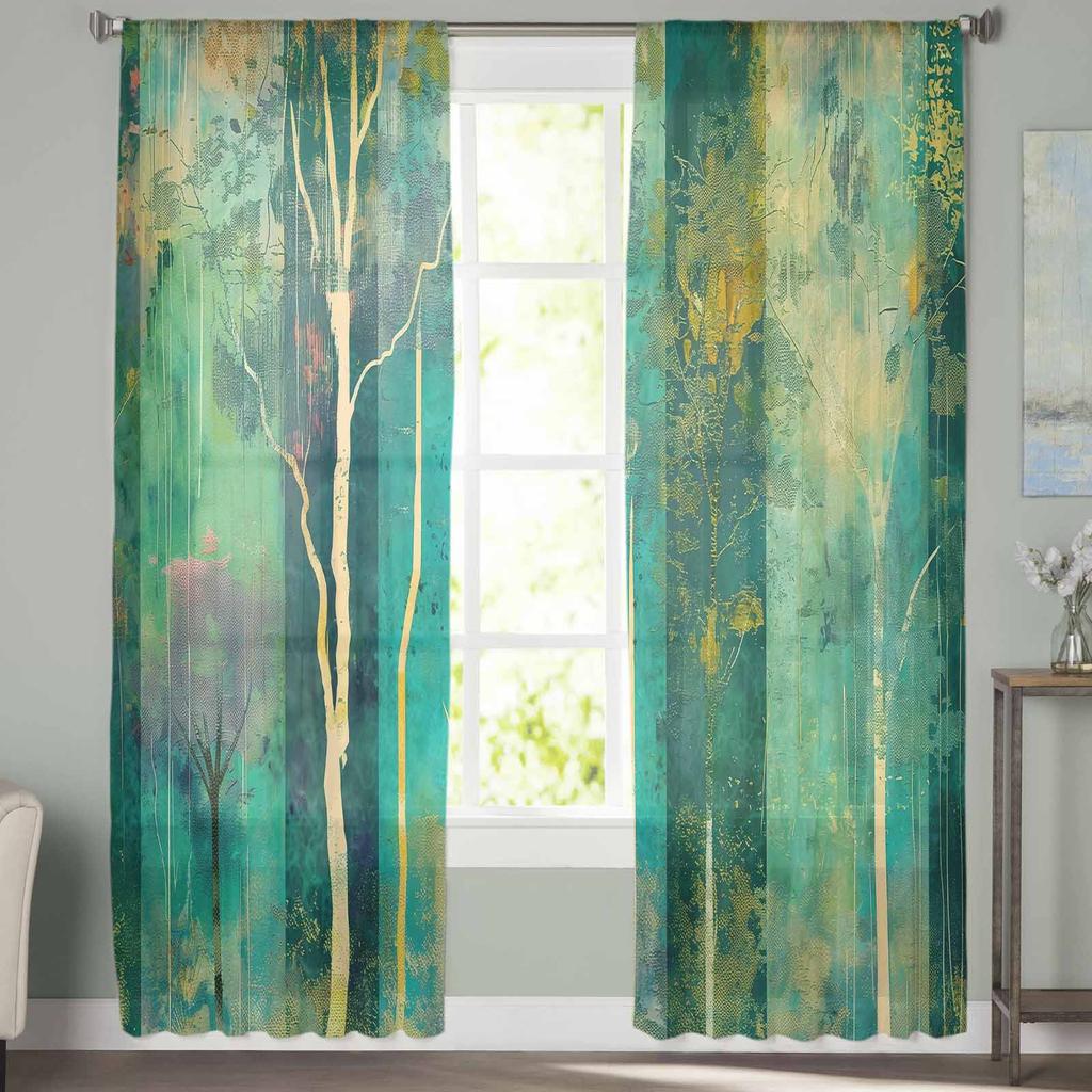 Peinture à l'huile Arbre Abstrait Coucher de Soleil Rideaux de Fenêtre en Tulle pour Chambre à Coucher Rideaux Décoration de Maison de Luxe dans Salon Panneaux en Mousseline