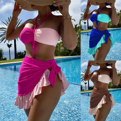 Women's Swimwear Colorblock Halter Wrap Drawstring Sexy Bikini Brazilian Beachwear Bathing Suits