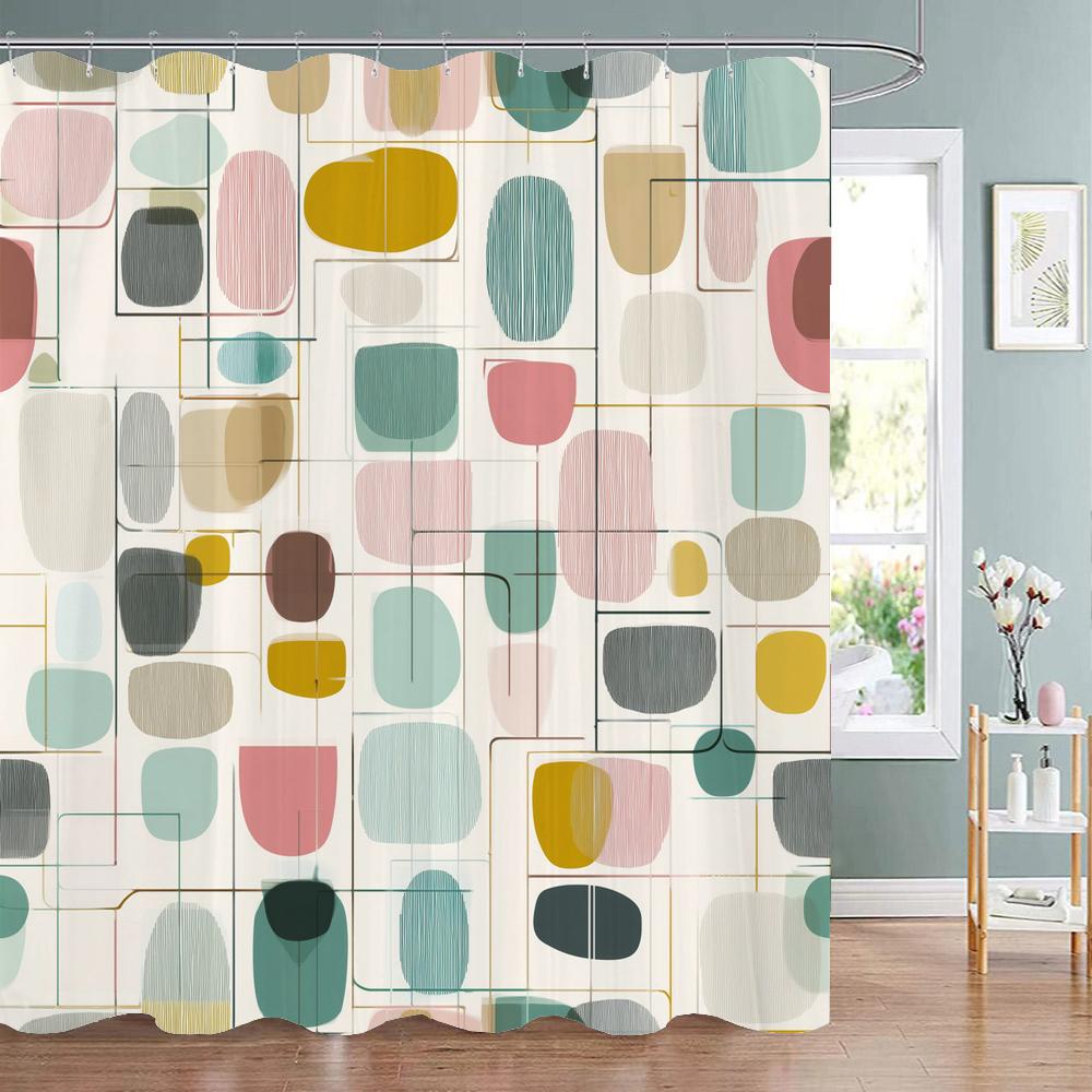 Modern Geometric Pattern Print Shower Curtain, Polyester Shower Curtain Set With Hooks For Bathroom Decorative Shower Curtain