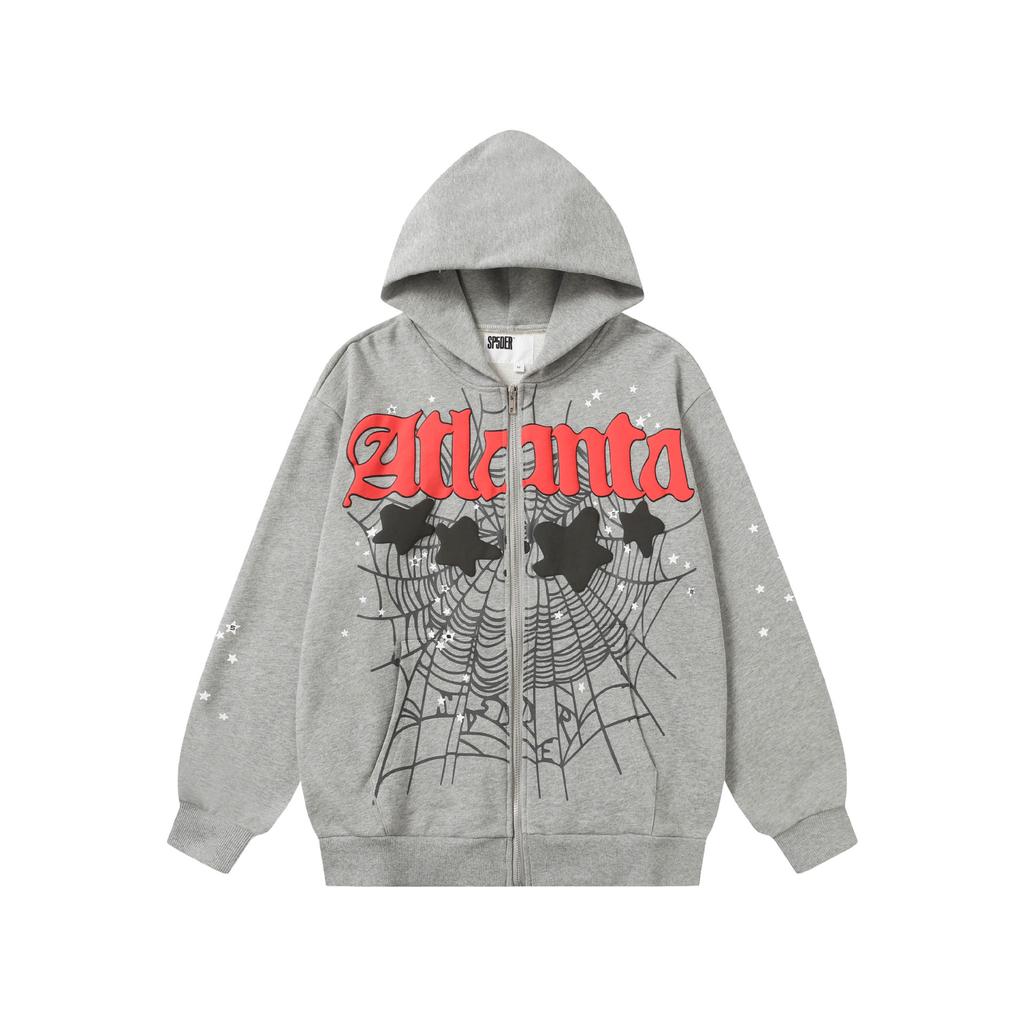 A high-quality SP5DER spider web foam printed hoodie, European and American large-size loose sweater.