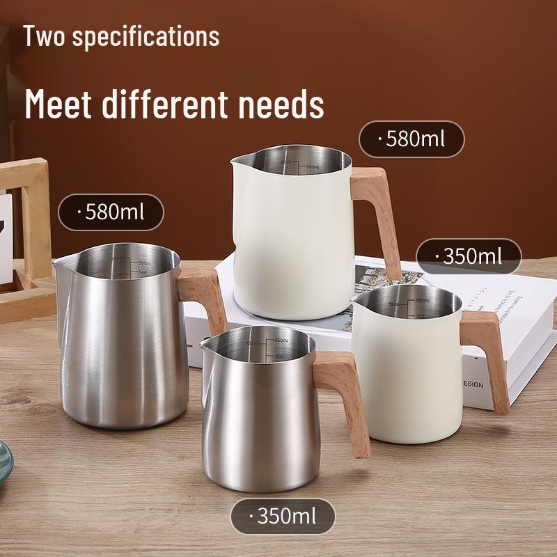 Wood Grain Handle Latte Art Cup, 304 Stainless Steel with Scale, Milk Frothing Pitcher