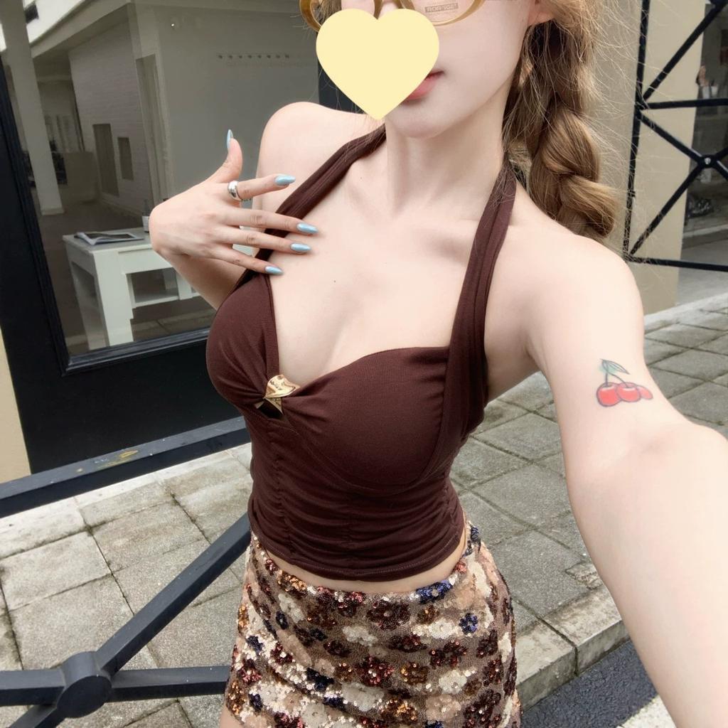 With Chest Pads, Korean Royal Sister, Sexy Style Hanging Neck, Beautiful Back, Sling Vest, Women's Summer Slim-fitting Waist Pinched Hollow Top