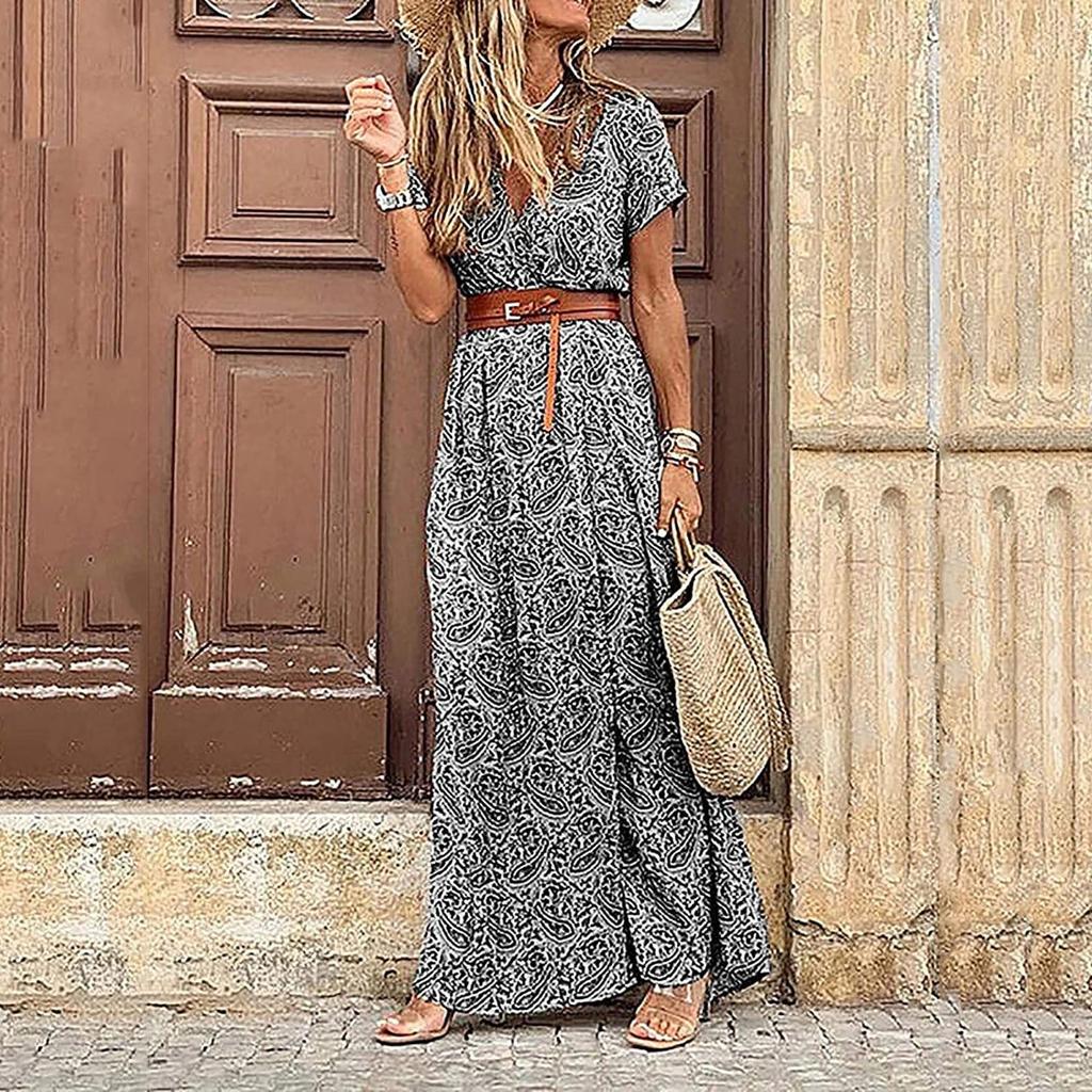 Women Short Sleeve Floral Maxi Long Dress Ladies Boho Party Evening Casual Dress