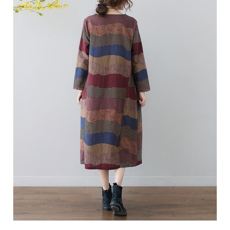 Frühling und Herbst Literarischen Stil Lose Druck Rundhals Langarm Kleid Frau