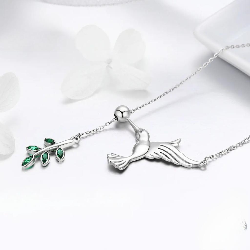 Sterling Silver Hummingbird Pendant Necklace Green Leaf Adjustable Chain 14K Gold Plated for Women Fine Jewelry