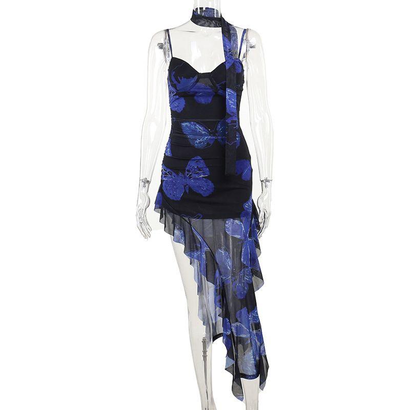 

Amazon Spring and Summer New Cross-Border Women clothes Deep V Irregular Wooden Ear Ribbon Sexy Print Sling Dress Blue S