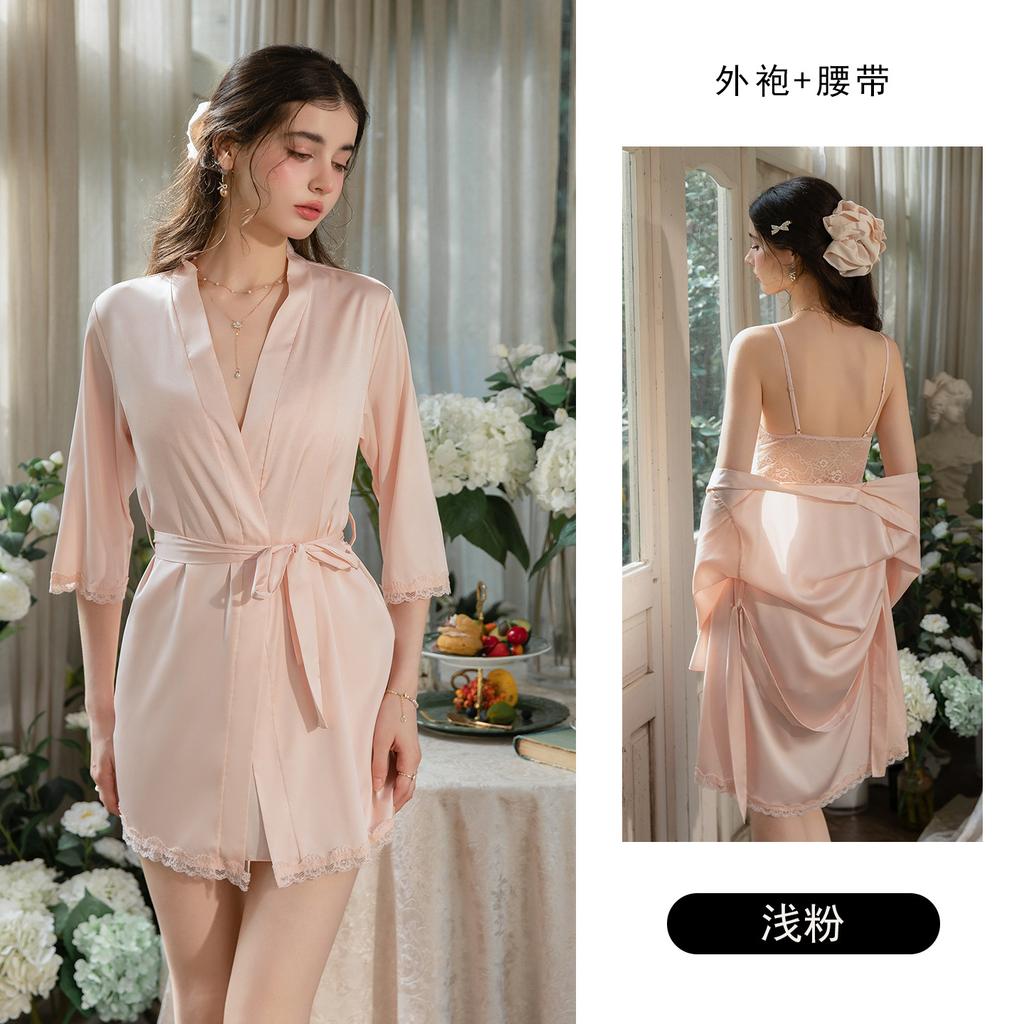 Women's Satin Lace Mesh Ruched Push Up Padded Cami Sleep Dress with Robe
