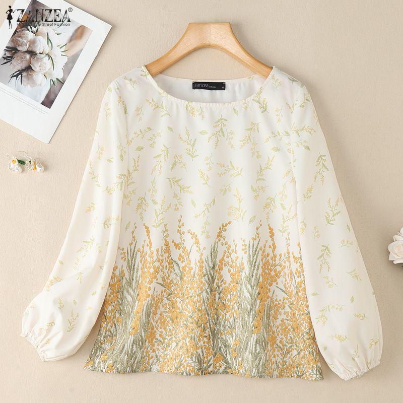 ZANZEA Women Casual Round Neck Loose Long Sleeve Print Blouse