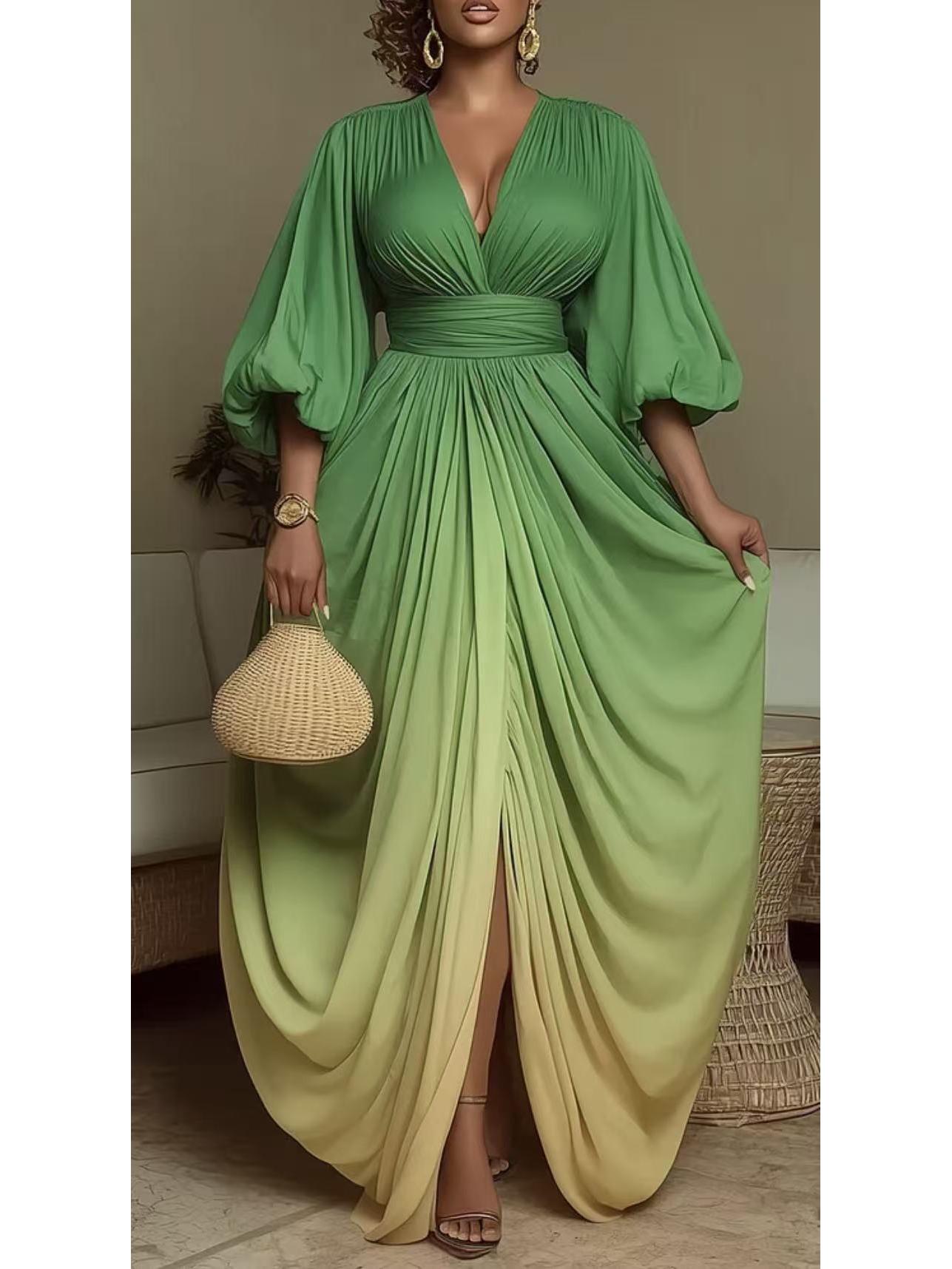 Cross2026 V-neck European Spring/Summer Printed Pleated Loose Dress S зелёный