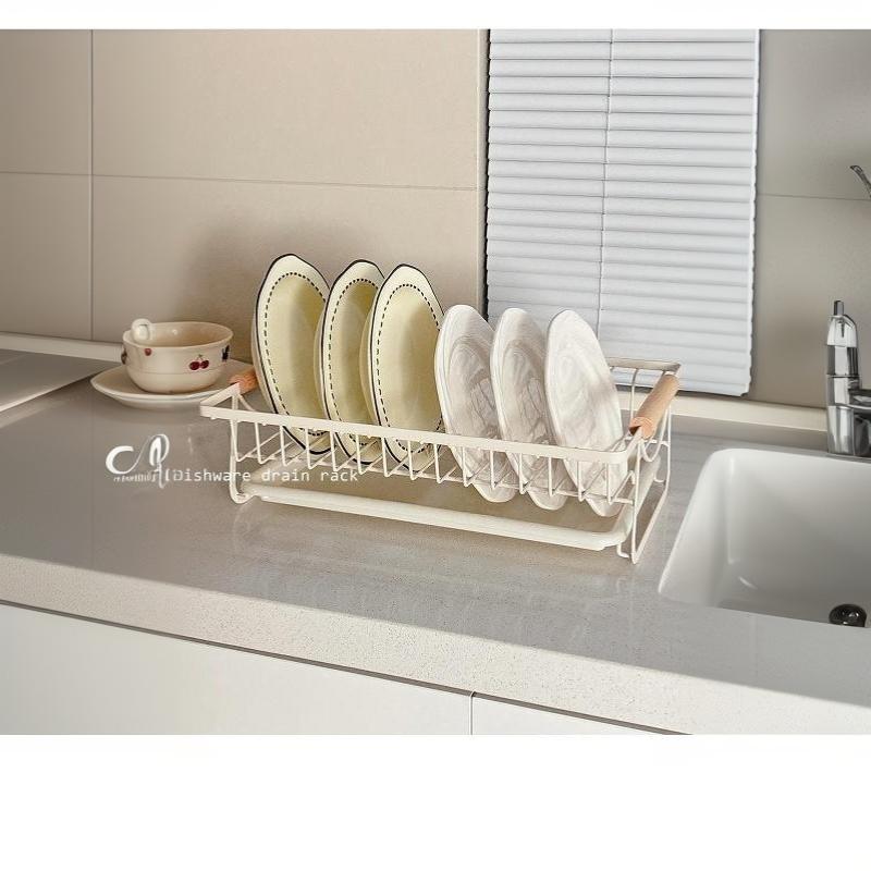 Scolapiatti in Metallo Bianco con Manico in Legno e Vaschetta Raccogli Gocce Rimovibile per Storage sul Lato del Lavello della Cucina