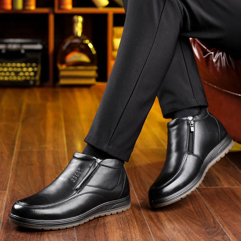 Pánské ležérní bavlněné boty z pravé kůže, zateplené sametem, Pánské boty pro střední a starší věk, Vlněné zateplené pánské sněhule