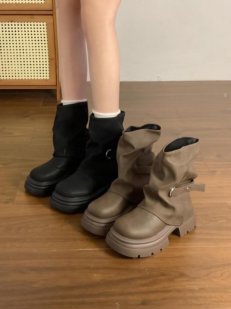 Meillard Women's Brown Retro Round Toe Boots - Short Shaft, Thick Sole, British Style, 2025 Autumn/Winter Collection.