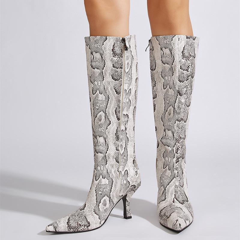 Fashion 2025 Autumn Winter Snake Pattern Patent Leather Women Knee-high Boots Elegant Pointed toe High heels Fashion Party Boots Shoes