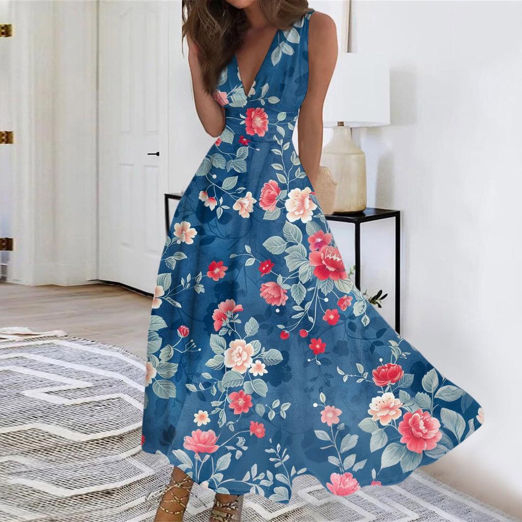 Women's Summer Fashion Retro Print V-Neck Sleeveless Long Dress