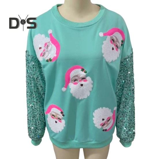 Women Christmas Sweatshirt Sequin Cartoon Pattern Round Neck Long Sleeve Loose Mid Length Pullover Party Holiday Top