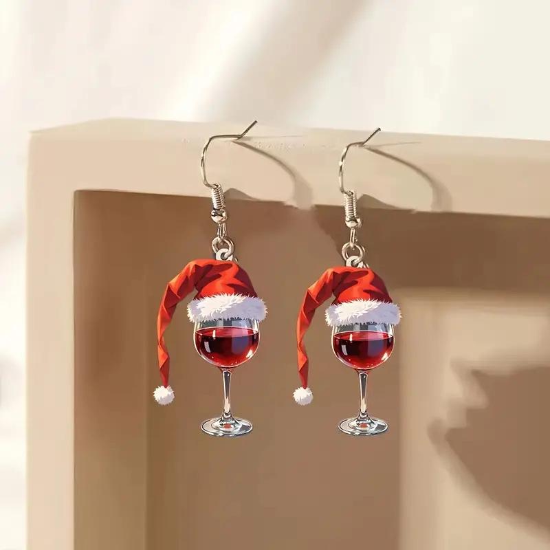 Red Christmas Hat Wine Glass Acrylic Earrings - Vintage Creative Design, Versatile and Stylish.