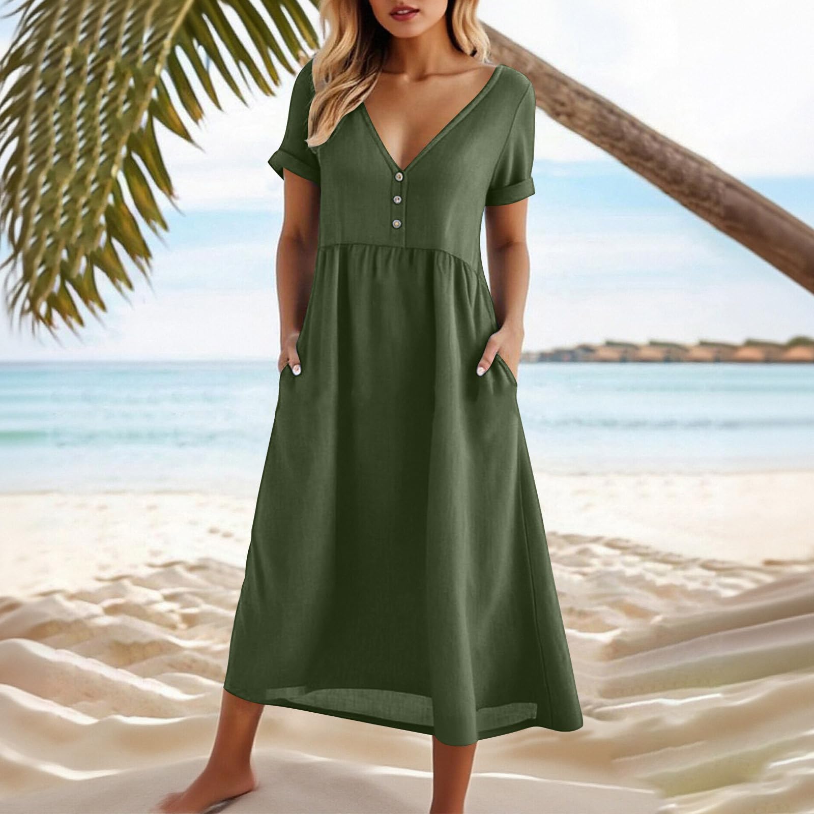 

Women s V-neck -Color Casual Short-Sleeve Loose-Fit Dress With Pockets L