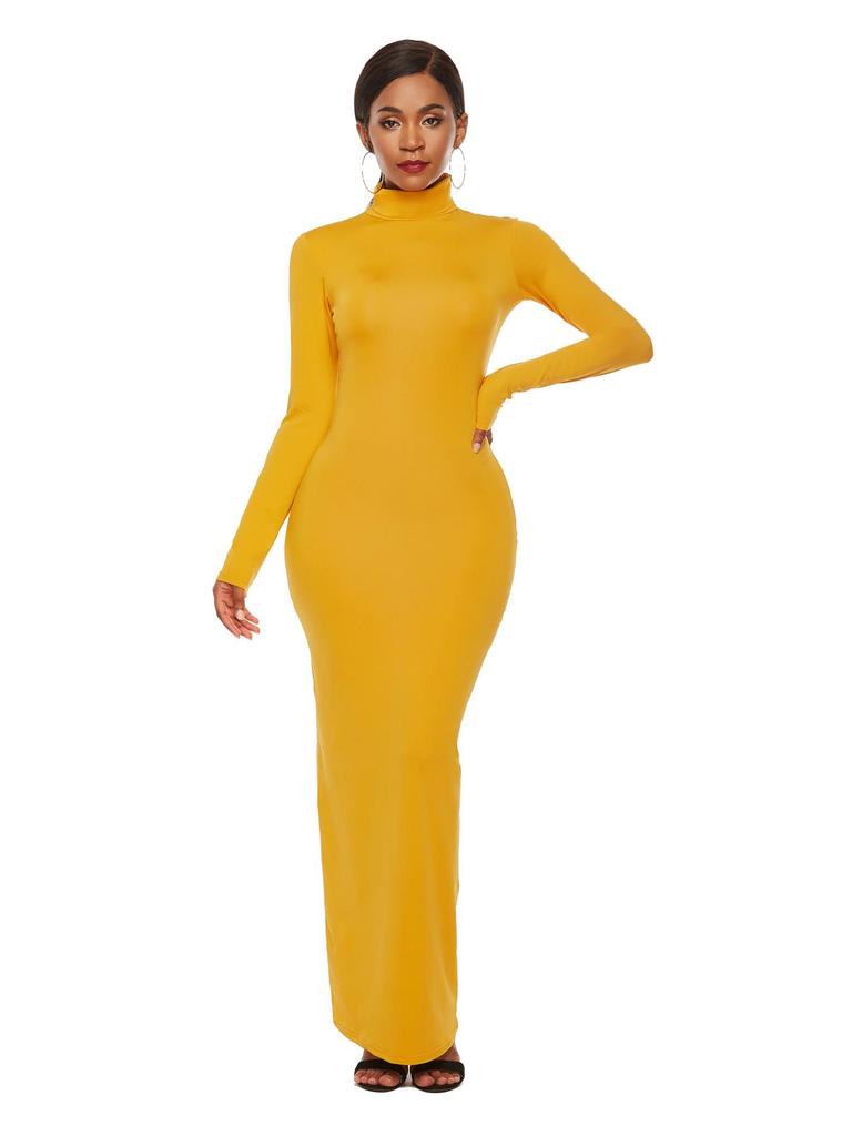 Women's Long Sleeve Solid Color Slim Fit High Neck Dress - European & American Fashion