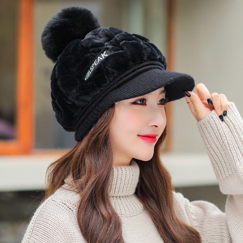 New Hat Women's Autumn and Winter Fashion Plush Warm Cap Cute Hairball Cold Ear Protection Hat Thick