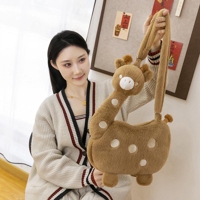 Cartoon Animal Giraffe Plush Crossbody Bag Girly Large Capacity Portable Cute Funny Giraffe Shape Shoulder Bag With Zipper Gifts