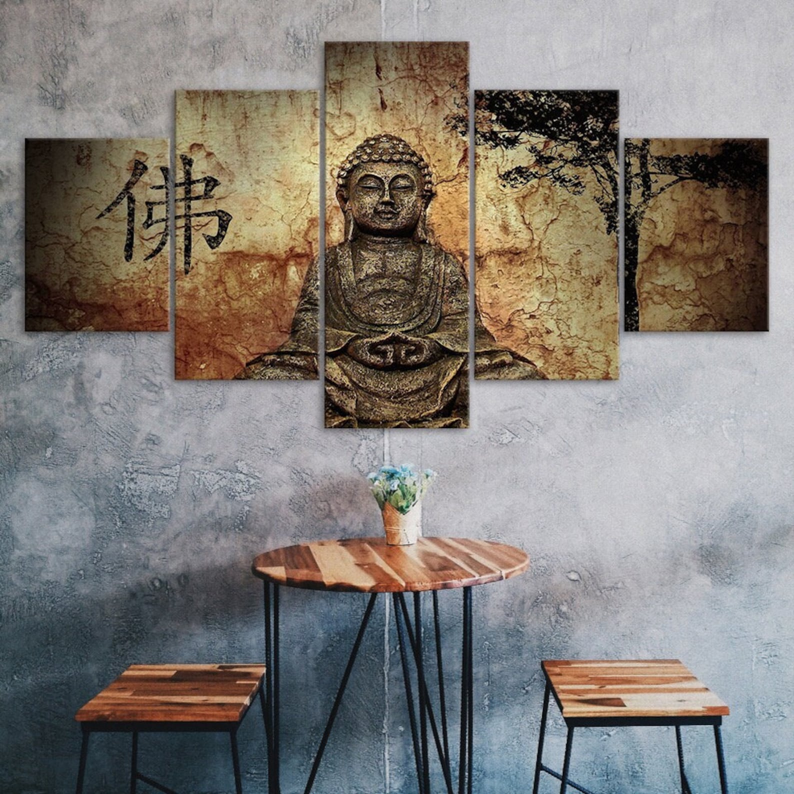 

Vintage Buddha Meditation 5 Piece Five Panel Wall Canvas Print Modern Art Poster Picture Home Decor Gift For Him Her 20X35 20X45 20X55CM