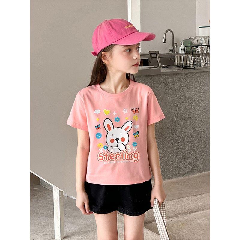 27Home Korean Brand Children's Clothing Summer Style Girls' Pure Cotton Short-Sleeved T-Shirt Cartoon Rabbit Print Kidsren's Clothing