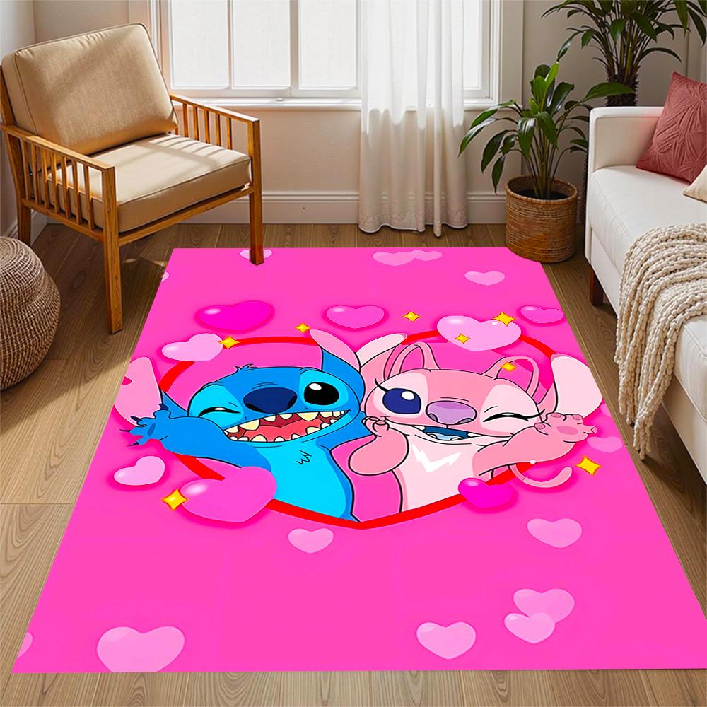 Stitch Adventure In Flowers Disney Cartoon Theme Anti-Slip Rug - Polyester, Home Decor, Suitable for Bedrooms, Living Rooms, Doorways, and Studios