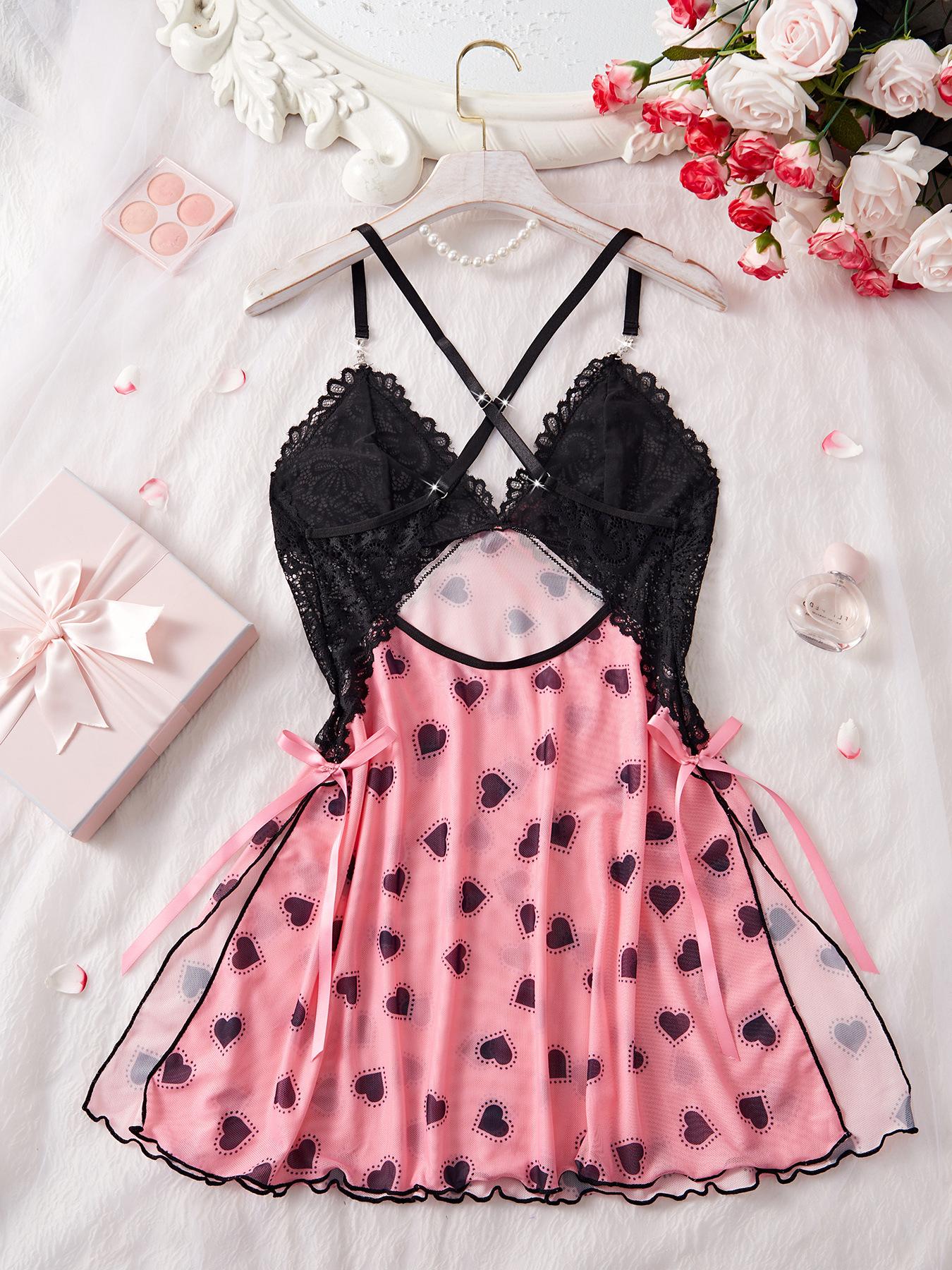 Европейская и американская соблазнительная любовная сетка сексуальная, юбка на подтяжках сексуальная ночная сорочка кружево, бант S розовый