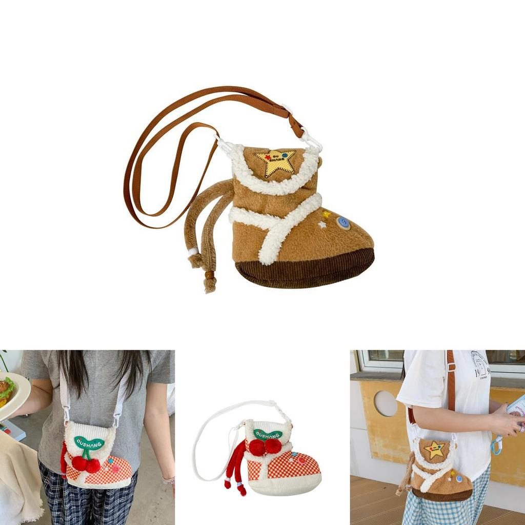 Plush Cartoon Shoe Shaped Shoulder Bag For Girls With Zipper Closure And Inner Pouch