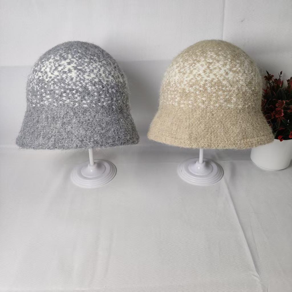 Retro Jacquard Knitted Wool Hat Women's Autumn and Winter Warm Face Bucket Hat Plain Face Small Bucket Hat