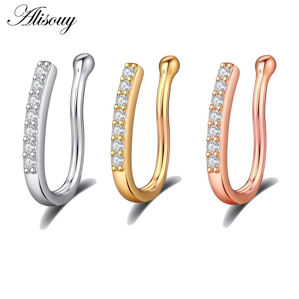 Alisouy 1pc Zirconia Fake Piercing Clip Nose Ring Body Jewelry for Women Ear Cuffs Heart Cross Star Leaf Flowers Clip Nose Rings