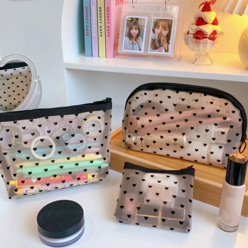 Mesh Cosmetic Makeup Bags Case Holder Zipper Heart Printed Pencil Case Pouch