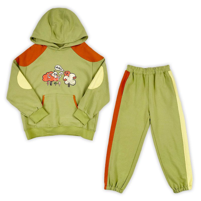 Cute Patchwork Sweater Set Children and Teens Hooded Green 120
