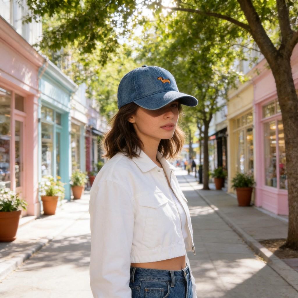 Cute Dog Embroidered Denim Baseball Cap With Wide Brim For Casual Wear