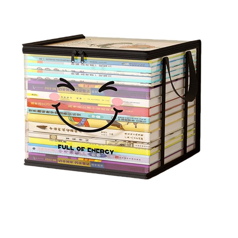 Clear PVC Book Storage Box Large Opening Design Double Handles Pliable Organiser for Home Office Classroom