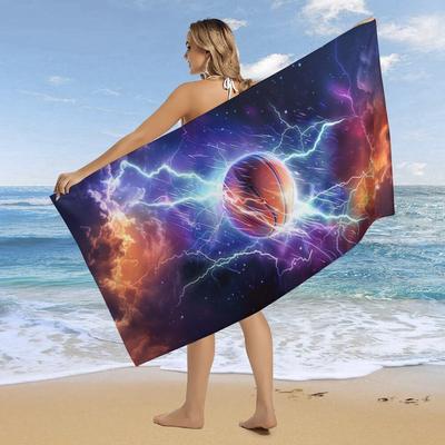 Large 3D Lightning Basketball Beach Towel Super Absorbent Quick-Dry Microfiber with Electric Blue & Purple Lightning Bolt Design