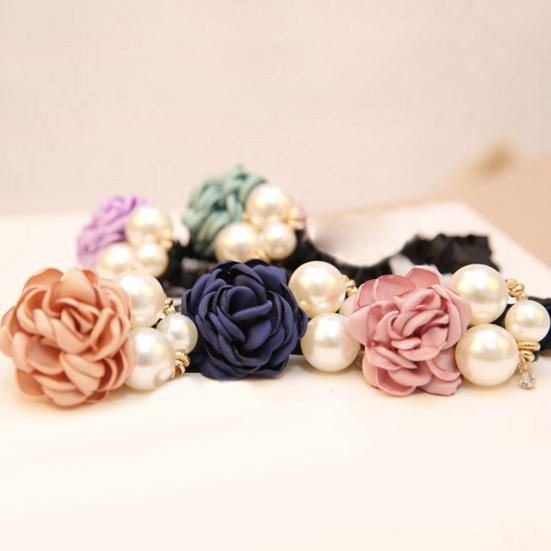 Mode Frauen Faux Perlen Rose Blume Haar Band Seil Scrunchie Pferdeschwanz Halter