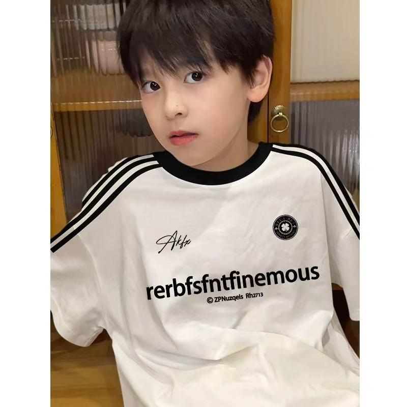 Stylish Boys' Letter Print Cotton T-Shirt, New Summer Style with Three Stripes.